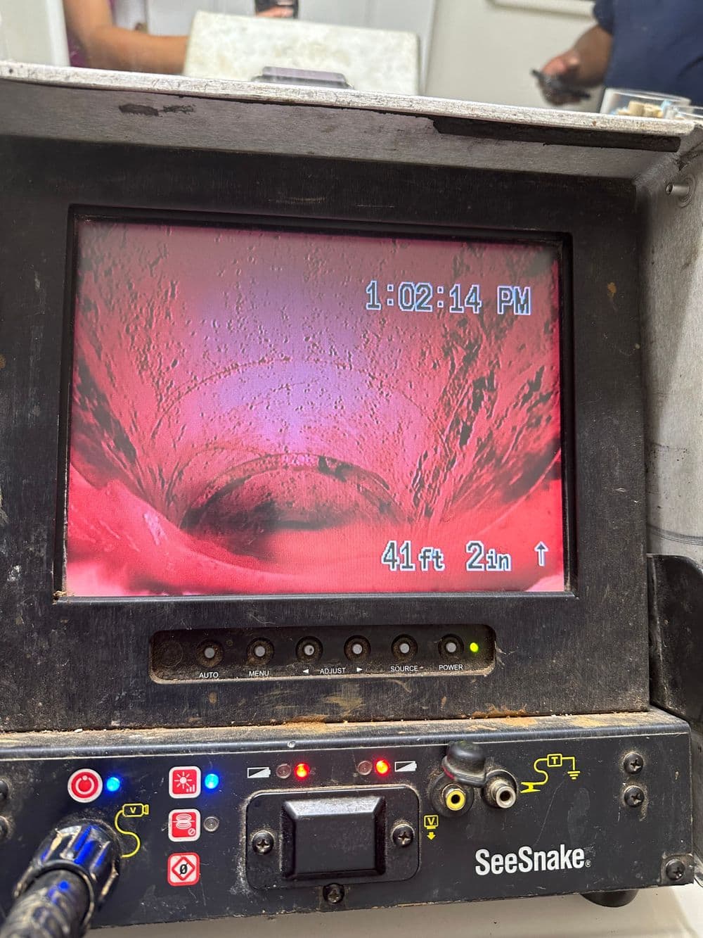 SeeSnake monitor display showing underground pipe inspection, depth at 41 feet 2 inches.