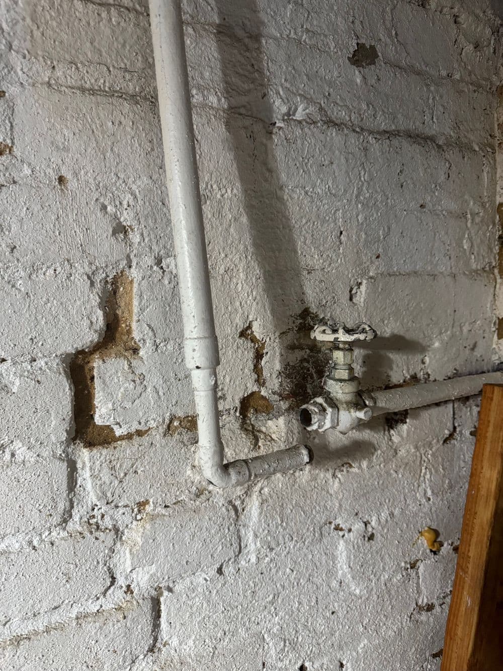 White pipes and valve on a brick wall, showing a plumbing installation in a basement setting.